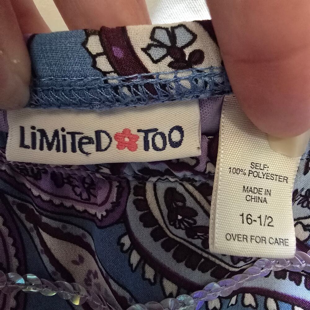 Y2K Limited Too blue purple paisley mini skirt sequin asymmetrical hem size 16.5 - Picture 2 of 13